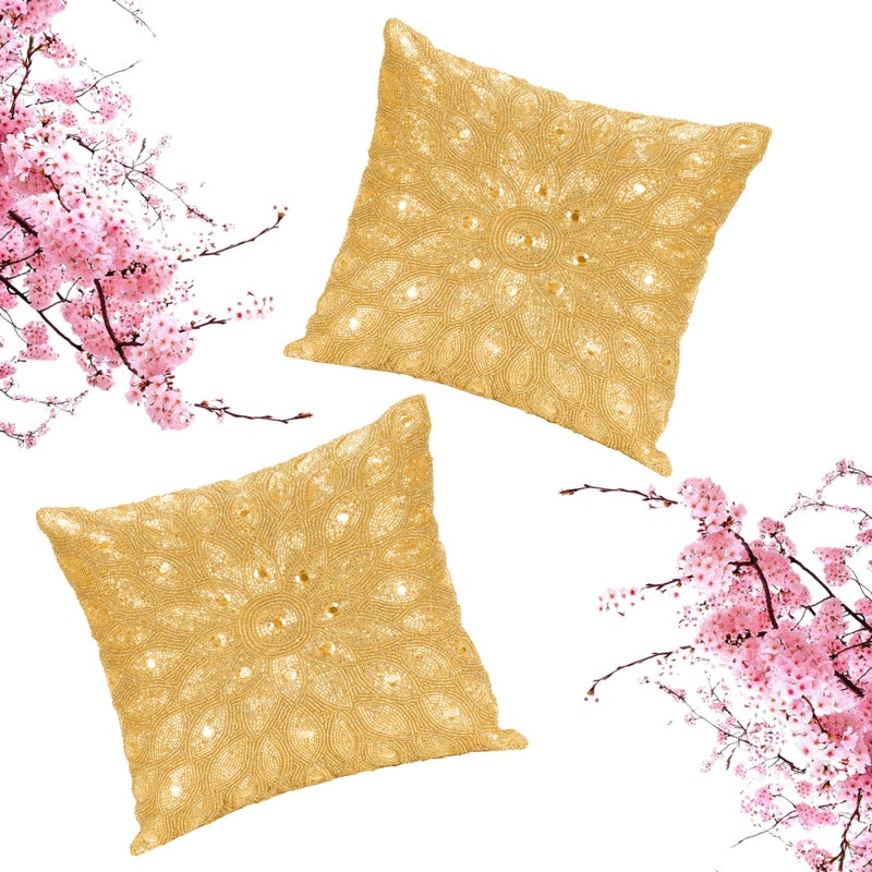 Light & Pro Lightnpro Gold Hand-Beaded Pillow Cover - 12x12 Inch, Handmade by Skilled Artisans - A Beautiful and Elegant Decorative Accent for Couch, Sofa, and Bed - Cover Only (2 Pack) - Image 1
